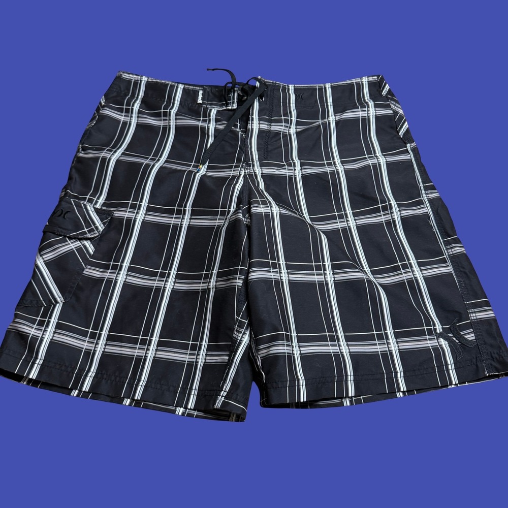 Hurley Swim Trunks 36 Black Plaid Board Shorts Beach Surf Casual Y2K Cargo